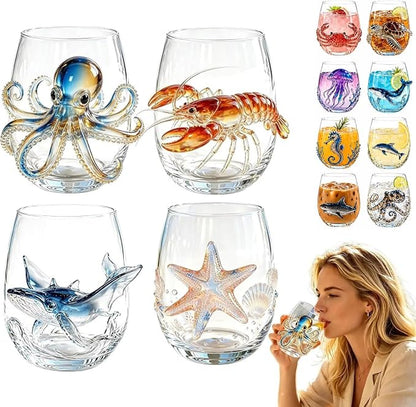 Set of 4 Coral Starfish 3D Ocean Glassware, Artistic Wine Tumbler | Handcrafted by Unknown