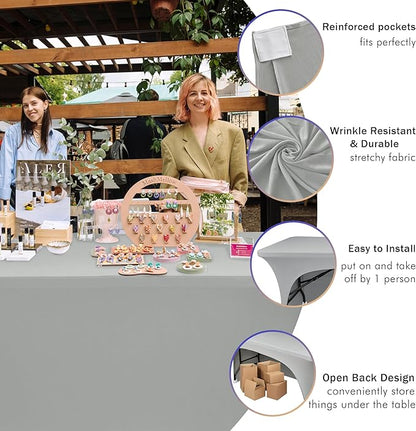 Nasitos 2 Pack Spandex 6 ft Fitted Table Cloth for Rectangle Table-Open Back Stretch Grey Tablecloth, Washable Fabric and Wrinkle Resistant Table Covers for Trade Show, Parties, Wedding, Craft Fair