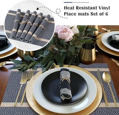 FAVE Placemats Set of 6 Blue Placemats Woven with Golden Thread Durable and Wipeable Vinyl Placemat Heat Resistant Table Mats Set of 6 High Texture Place Mats for Kitchen Table（Blue placemat）