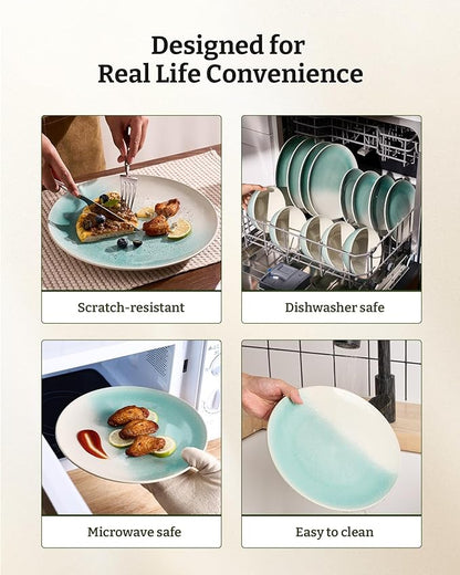 Famiware Glacier Dinnerware Sets, Plates and Bowls Dish Sets for 8 (24 Pieces), Stoneware Tableware - Dishwasher and Microwave Safe, Handcrafted Reactive Glaze, Aqua