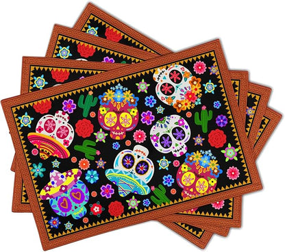 Mexican Placemats Set of 4 - Colorful Floral Skull Table Place Mats 12x18 for Indoor Outdoor Kitchen Dining Table