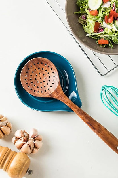 LAUCHUH Spoon Rest for Stove Top, Ceramic Spoon Holder for Kitchen Countertop, Large Cooking Utensil Rest for Spatula, Spoons or Tongs, Framhouse Decor, Blue, 5 Inches