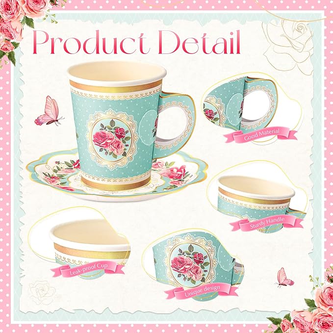 Tioncy 100 Pcs Tea Party Decorations Include 50 Pieces 9 oz Paper Tea Cups - Image 3