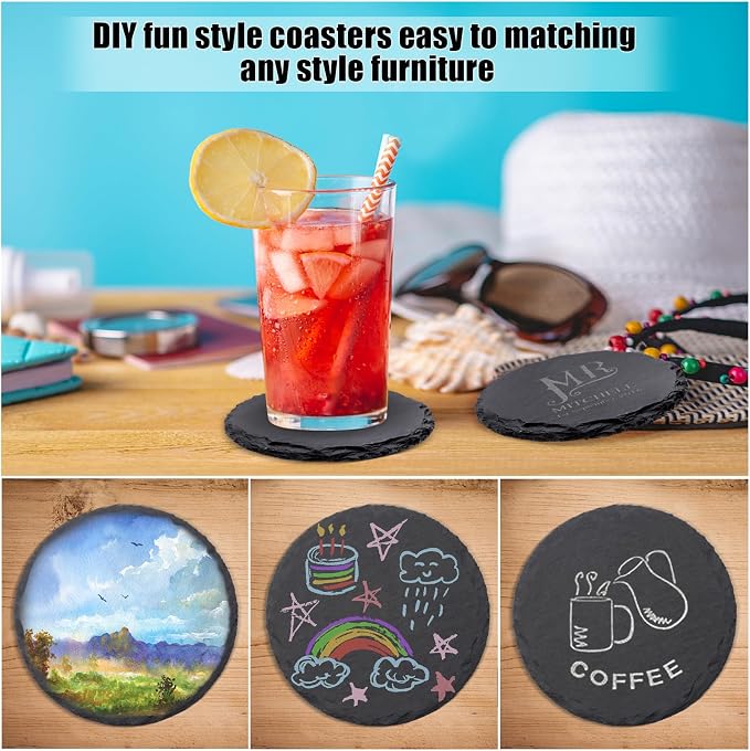 VIBRATITE 60 Pack 4 Inch Round Black Slate Drink Coasters | Laser Engraving - Image 5