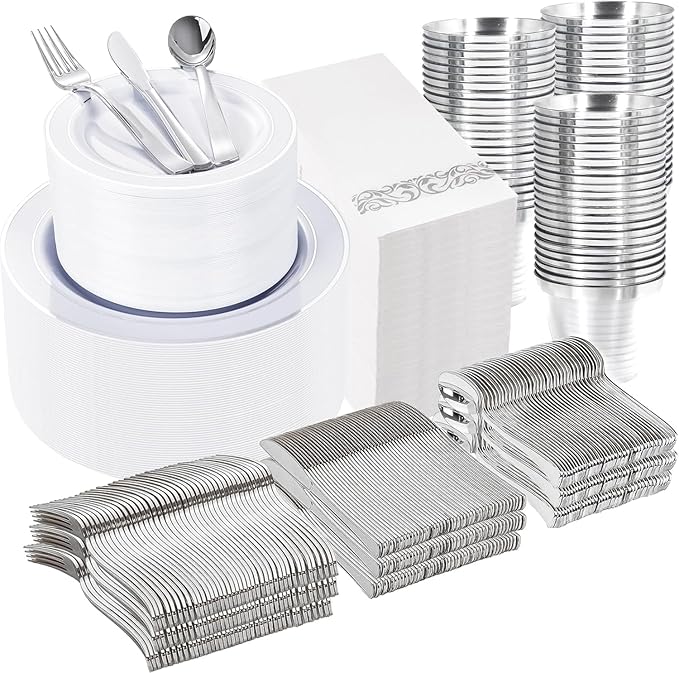 WELLIFE 700 Pieces Silver Plastic Dinnerware Set by WELLIFE