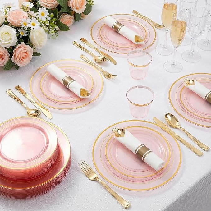 WELLIFE 350Pcs Clear-Pink Plastic Dinnerware- Pink and Gold Plastic Dinnerware - Image 3