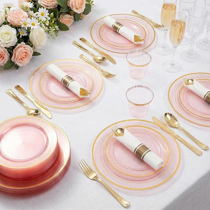 WELLIFE 350Pcs Clear-Pink Plastic Dinnerware- Pink and Gold Plastic Dinnerware - Image 3