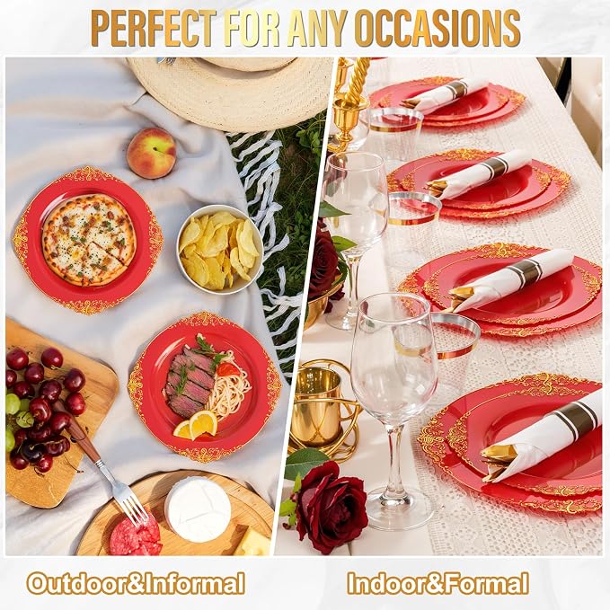 Nervure 100Pcs 10.25'' Red Plastic Plates, Heavy Duty Disposable Plates - Image 8