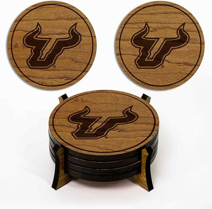 LazerEdge South Florida Bulls Wooden Coaster Set - Cherry Wood - Officially Licensed Product - 4-Pack