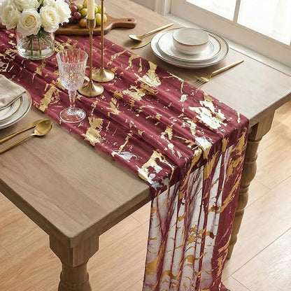 Artoid Mode Marble Pattern Burgundy Gauze Table Runner 10FT, Glitter Metallic - Image 4