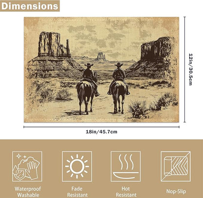 Vintage Western Cowboy 12x18 Inch Placemats Set of 6 - Waterproof, Non-Slip & Washable Table Mats for Kitchen & Dining Table Placemats