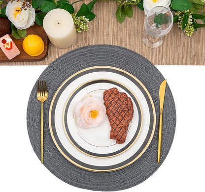 SHACOS Round Placemats Set of 6 Washable 15 inch Round Table Mats Cotton Polyester Woven Braided Place Mats for Dining Table (Charcoal Gray, 6)