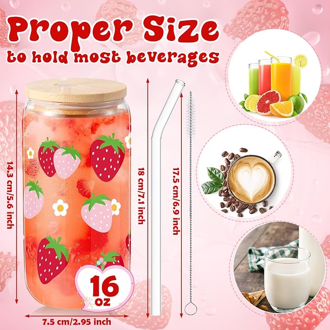Sliner 2 Pcs Strawberry Glass Cups Summer Drinking Glasses 16 oz Iced Coffee - Image 5
