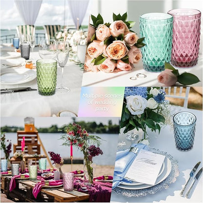 Topsky Highball Drinking Glasses Set of 6,12 oz Colored Glassware with Geometric Diamond Pattern,Embossed Diamond Tumblers,Blue Vintage Glassware Set for Beer,Juice,Cocktail
