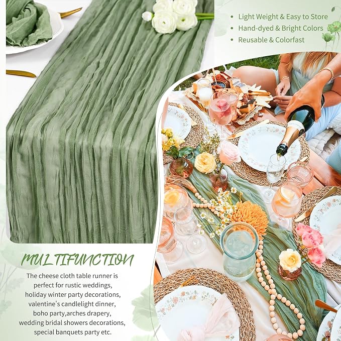 Showgeous 18 Pack Sage Green Cheesecloth Table Runner, 17 x 108 Inches | Boho - Image 5