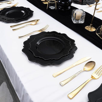 COLOSUS 100pcs Black Plastic Plates - Heavy Duty Black Plastic Plates Disposable for Party/wedding/New Year Include 50pcs Dinner Plates and 50pcs Dessert Plates.