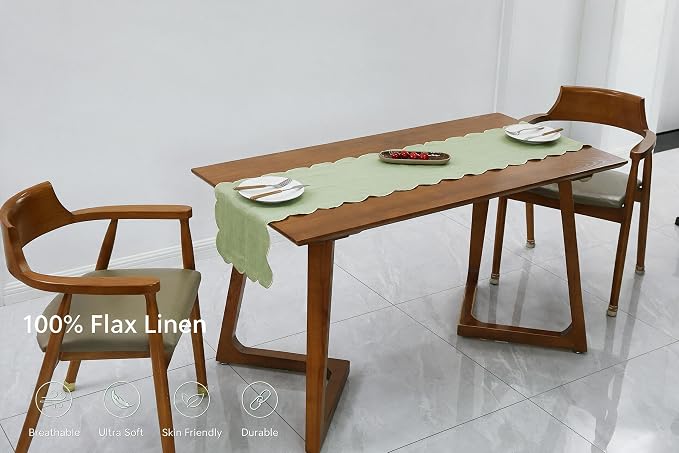 100% Natural Linen Rustic Scalloped Embroidery Table Runner 120 Inches Long - Image 2