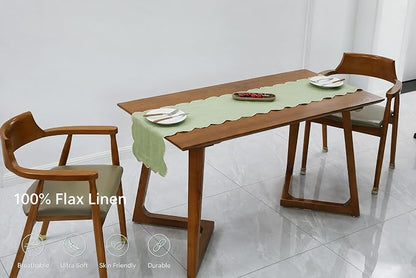 100% Natural Linen Rustic Scalloped Embroidery Table Runner 120 Inches Long - Image 2