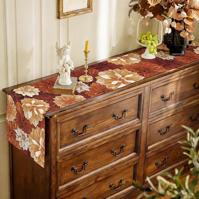 Vintage Orange Dahlia Flower Autumn Table Runner Fall Floral Burlap Table - Image 5