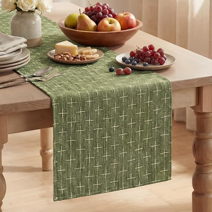 Artoid Mode Olive Green Cross-Star Textured Table Runner, Seasonal Waterproof by ArtoidMode