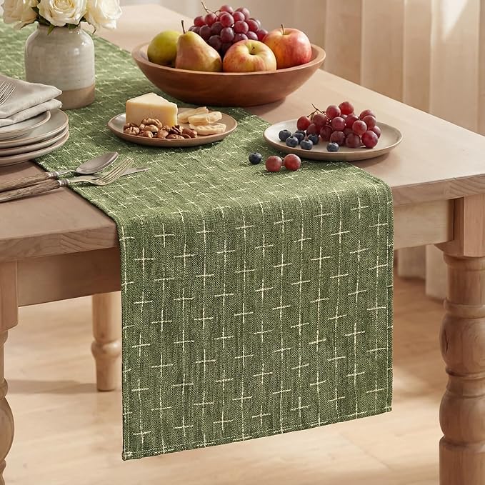 Artoid Mode Olive Green Cross-Star Textured Table Runner, Seasonal Waterproof by ArtoidMode