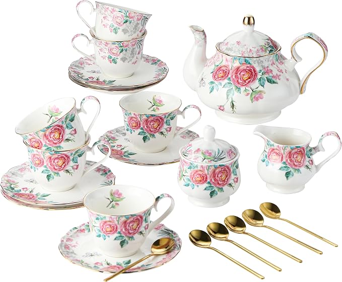 15 Piece British Bone China Tea Cup Sets, Elegant red Rose Pattern, Cups and by HappleCwlwgoHome