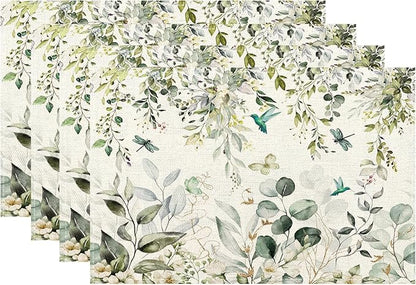 Spring Place mats Set of 4,12x18 Inches Green Floral Bird Eucalyptus Leaf Decorative Summer Decor Leaf Placemats Rectangle Spring Table Mats for Party Home Kitchen Dining Table Decoration