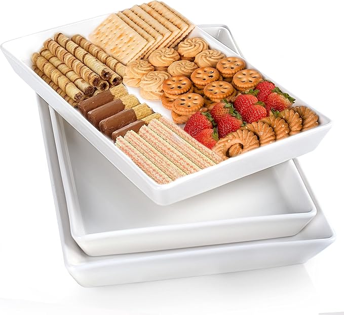 Delling Large Serving Platter, 16/14/12 Inch Rectangular Serving Trays for Serving Food, Serving Tray for Party - Set of 3, White