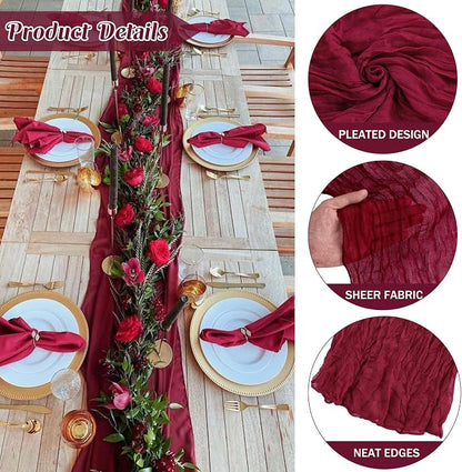 6 Pieces Burgundy 10FT Cheesecloth Table Runner Boho Gauze Fabric Table Runner - Image 2