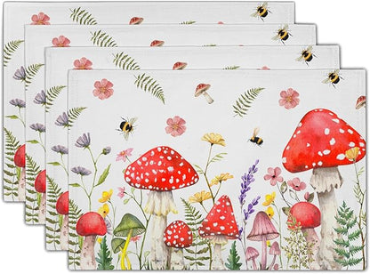 Mushroom Plants Placemats Set of 4，Rustic Wildflowers Heat Resistant Washable Place Mats 12x18 Inch Farmhouse Decor Table Mats for Party Kitchen Dining Indoor Outdoor