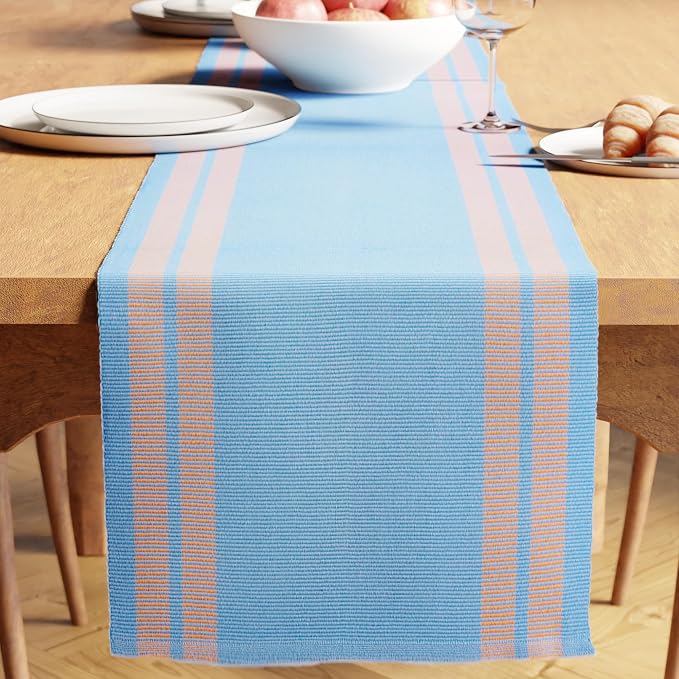 Encasa XO Table Runner, Yarn Dyed Ribbed Cotton 13"x72" | Ladder Blue, 12-Ply by EncasaXO