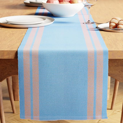 Encasa XO Table Runner, Yarn Dyed Ribbed Cotton 13"x72" | Ladder Blue, 12-Ply by EncasaXO