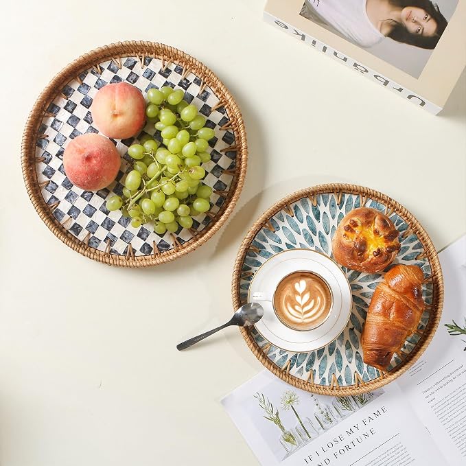 Round Rattan Tray with Mother of Pearl Inlay, Wooden Base | Coffee Table - Image 2