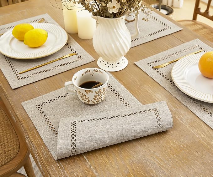 Farmhouse Burlap Place Mats, Coffee Placemats Set of 4, 12 x 18 Inch | Double - Image 4