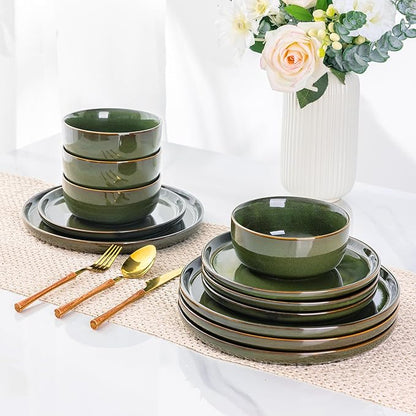 AmorArc Stoneware Dinnerware Sets for 4,Round Reactive Glaze Ceramic Plates and Bowls Set,Highly Scrath Resistant | Dishwasher & Microwave Safe Dishes Set,Service for 4 (12pc)
