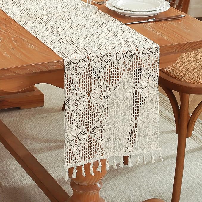 meioro Crochet Lace Table Runner, 12x72 Inch Boho Cotton Table Runners by meioro