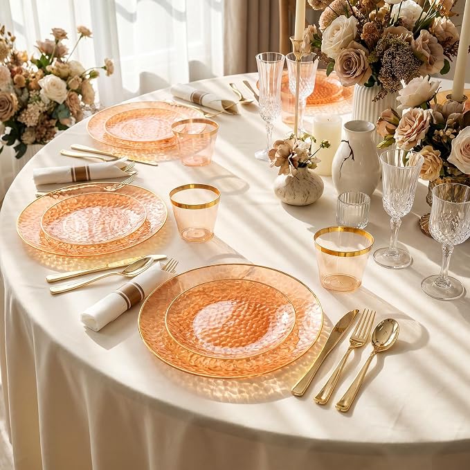 Rubtlamp 700Pcs Orange Gold Plastic Dinnerware Set, Hammered Clear Gold Plates - Image 3
