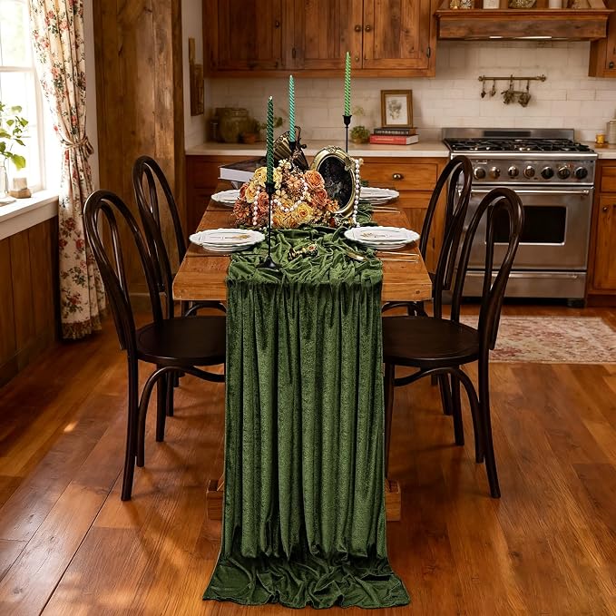 Olive Green Velvet Table Runner 29x120 Inch 10ft Long Soft Velvet Fabric | 3 - Image 3