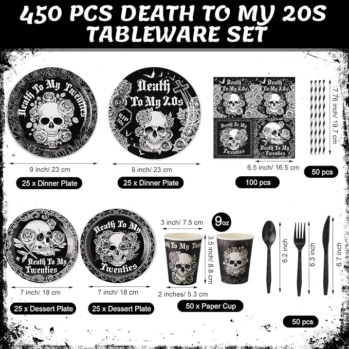 450 Pcs Death to My 20s Tableware Set Decoration Serves 50 | Black White 30th - Image 2