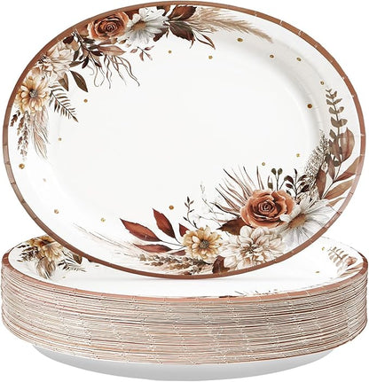 Grencian 50Pcs Fall Boho Floral Oval Paper Plates 10" x 12" Large Disposable Heavy Duty Fall Boho Rustic Dark Flower Tableware Dessert Plates for Autumn Thanksgiving Birthday Wedding Party Supplies