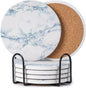 Hoewina 6Pcs Drink Coasters with Holder, Marble Style Ceramic Drink Coaster, Absorbent Coasters Set Suitable for Kinds of Cups, Modern Style Coasters for Coffee Table, 4 Inches（Blue Marble Style）