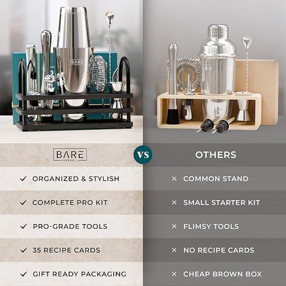 BARE BARREL® Mixology Bartender Kit Bar Set | 14-Piece Cocktail Shaker Set | Martini Barware Mixing Tools for Home Bartending | 35 Recipe Cards | Gift Set (28oz Boston Shaker, Silver/Black)