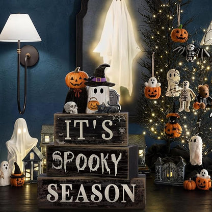 Moucuny 4 Pcs Halloween Table Decoration Pumpkin Ghost Wooden Stacked Block - Image 6