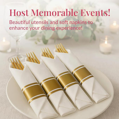 Prestee 200 Piece Gold Plastic Silverware Set for 50 Guests - Premium Pre Rolled Cutlery Set with Napkins - Elegant Disposable Silverware with Forks, Knives, and Spoons for Weddings and Thanksgiving