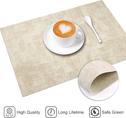 Leather Heat Resistant Placemats Set of 6 Waterproof Wipeable Washable PU Table Mats,Easy to Clean Anti-Slip Place Mats (Beige, 6)