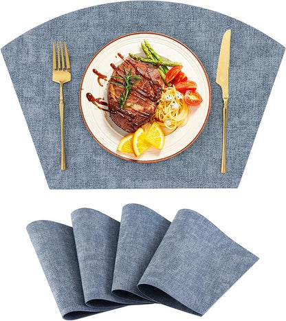 Homaxy Round Table Placemats Set of 4, Washable Wedge Shaped Faux Leather Table Mats, Wipeable Kitchen Dinner Place Mats for Indoor Outdoor, Blue