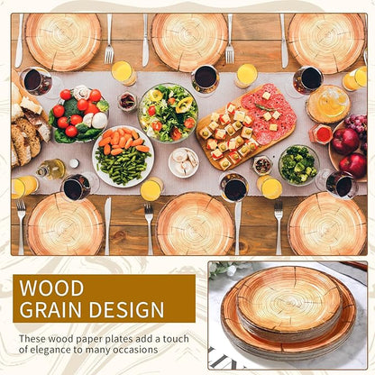 Tioncy 50 Pieces Wood Grain Paper Plates 7" 9" Rustic Wood Slice Plate Farmhouse Round Disposable Dinner Dish for Woodland Baby Shower Lumberjack Birthday Party Supplies