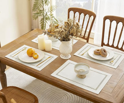 Farmhouse Burlap Hollow Placemats Set of 4, 12 x18 Inch Off White | Double Layer - Image 5