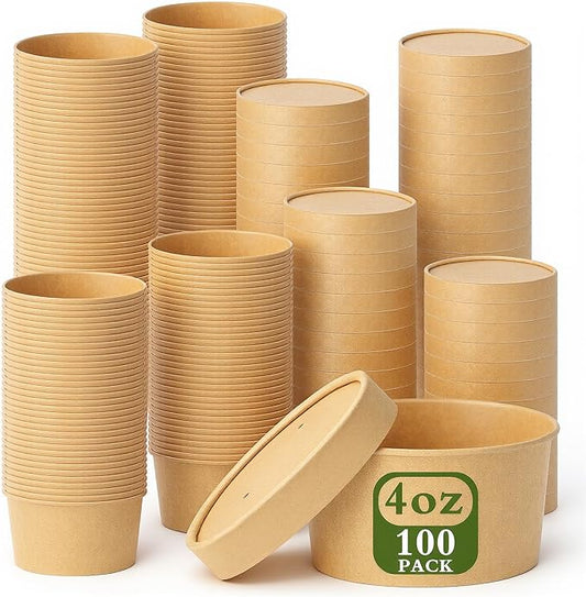 100 Pack 4oz Paper Soup Containers with Vented Lids, Disposable Food Containers Kraft Ice Cream Cups Dessert Soup Bowls, Microwavable and Freezer Safe for Hot Soup, Ice Cream (100 Pcs - Kraft, 4 oz)