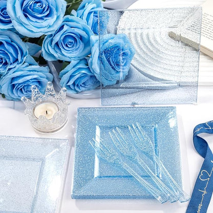 DaYammi 100Pcs Blue Glitter Dessert Plates Including 50Pcs Appetizer Plates 6" and 50Pcs Plastic Forks 5.7",Blue Plastic Square Plate for Party,plastic Salad Plate and Cake Forks for Wedding Birthday